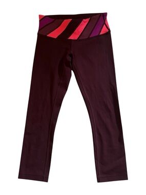 Lululemon Wunder Under Crop Burgundy Striped Waistband Leggings- Size 4